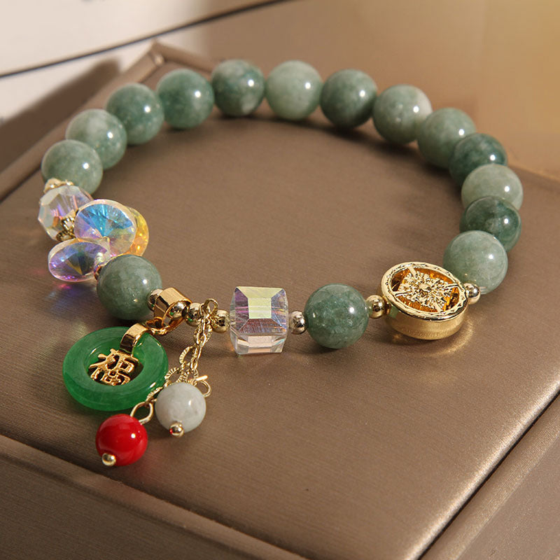 Braccialetto di guarigione con ciondolo a forma di carattere Fu in quarzo fragola e giada Buddha Stones