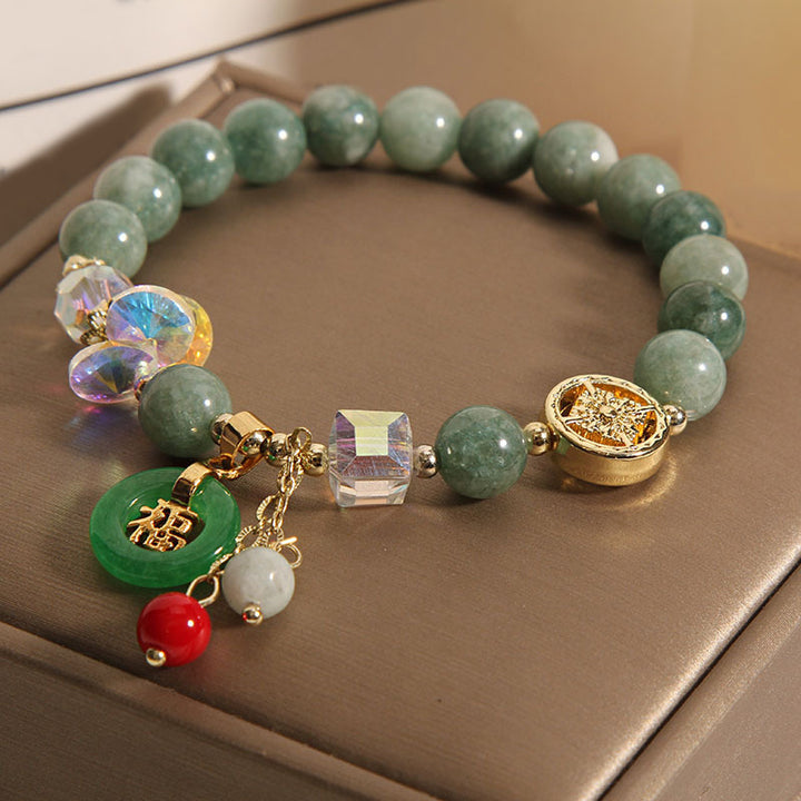 Braccialetto di guarigione con ciondolo a forma di carattere Fu in quarzo fragola e giada Buddha Stones