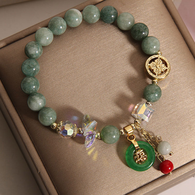 Braccialetto di guarigione con ciondolo a forma di carattere Fu in quarzo fragola e giada Buddha Stones
