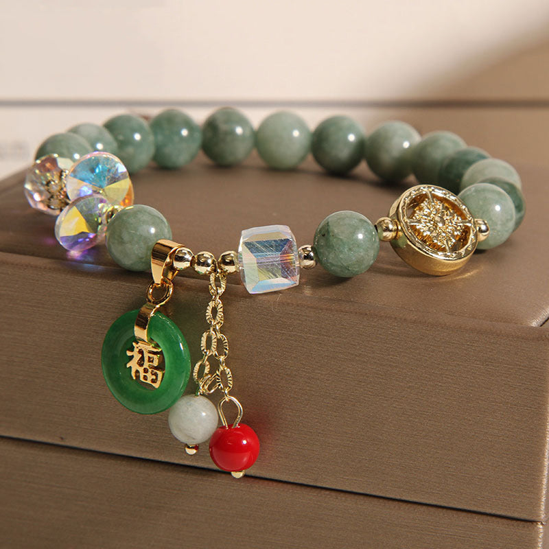 Braccialetto di guarigione con ciondolo a forma di carattere Fu in quarzo fragola e giada Buddha Stones
