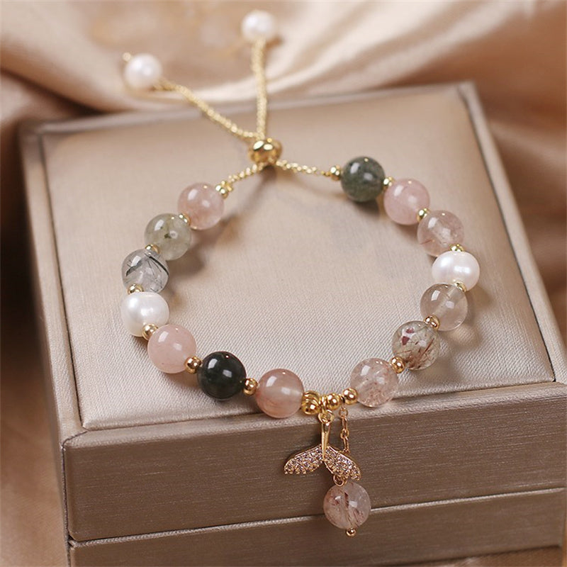 Braccialetto curativo con ciondolo a coda di pesce in quarzo rutilato e quarzo fragola Buddha Stones