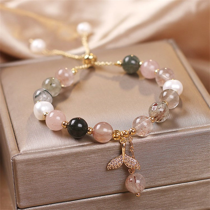 Braccialetto curativo con ciondolo a coda di pesce in quarzo rutilato e quarzo fragola Buddha Stones