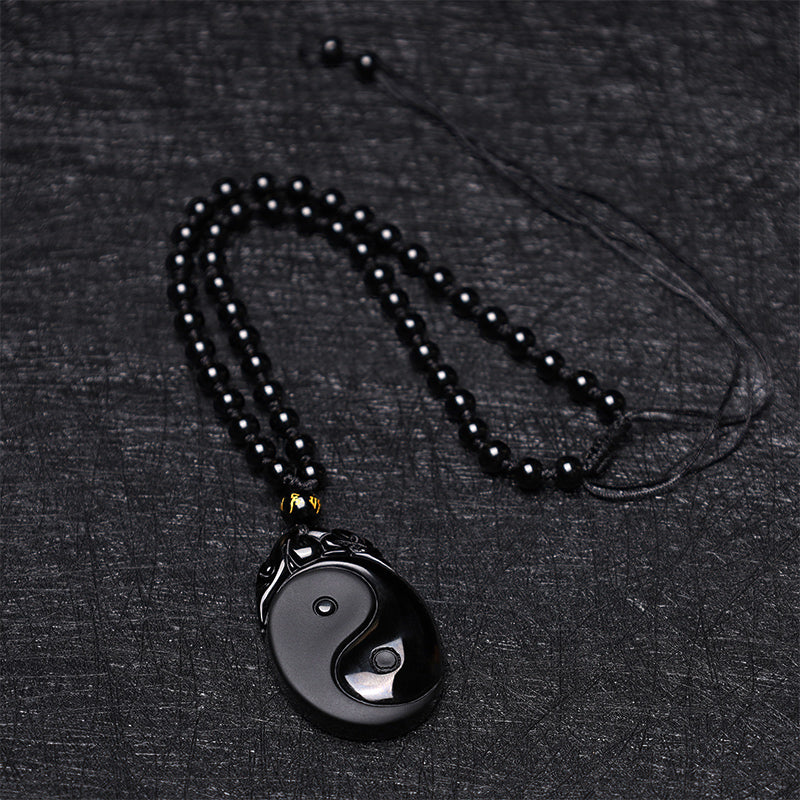 Buddha Stones Collana con ciondolo in ossidiana nera naturale Yin Yang Fulfillment Strength