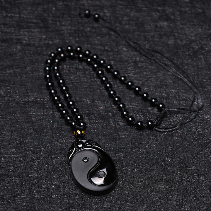 Buddha Stones Collana con ciondolo in ossidiana nera naturale Yin Yang Fulfillment Strength