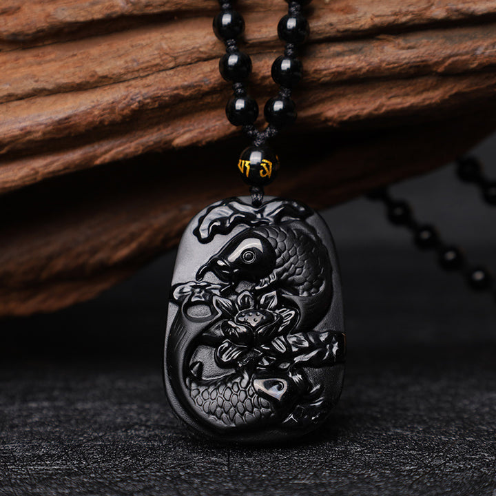 Buddha Stones Collana con ciondolo di perline di forza di loto di pesce koi di ossidiana nera naturale