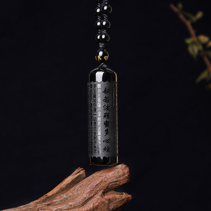 Collana con ciondolo di purificazione del Sutra del cuore in ossidiana nera naturale Buddha Stones