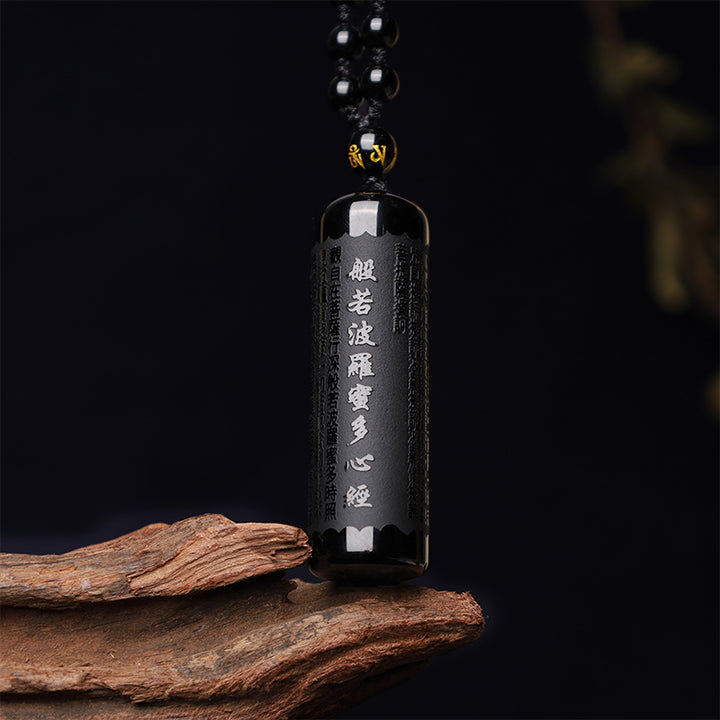 Collana con ciondolo di purificazione del Sutra del cuore in ossidiana nera naturale Buddha Stones