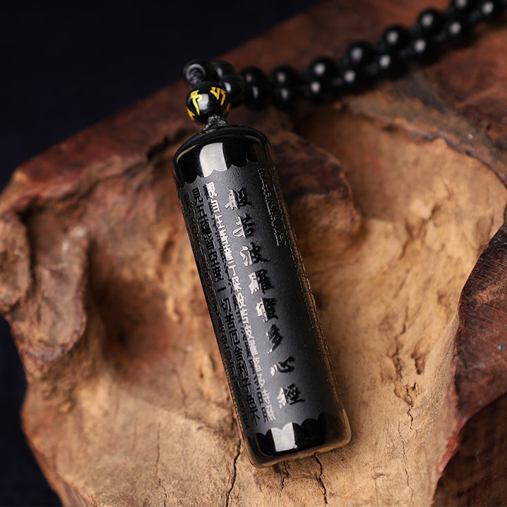 Collana con ciondolo di purificazione del Sutra del cuore in ossidiana nera naturale Buddha Stones