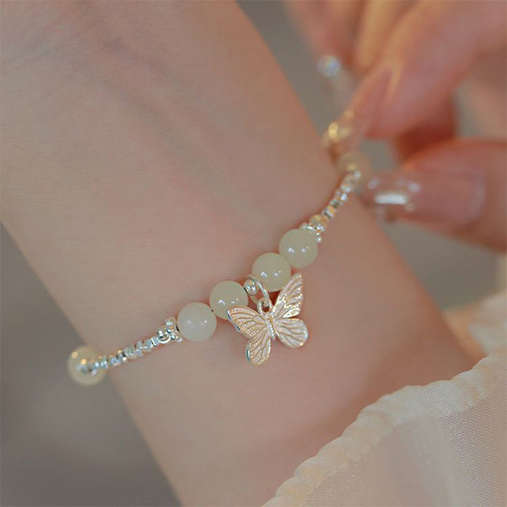 Bracciale con ciondolo a forma di farfalla in giada naturale Hetian in argento sterling 925 Buddha Stones - Giada Hetian (circonferenza del polso 14-16 cm) - image 0