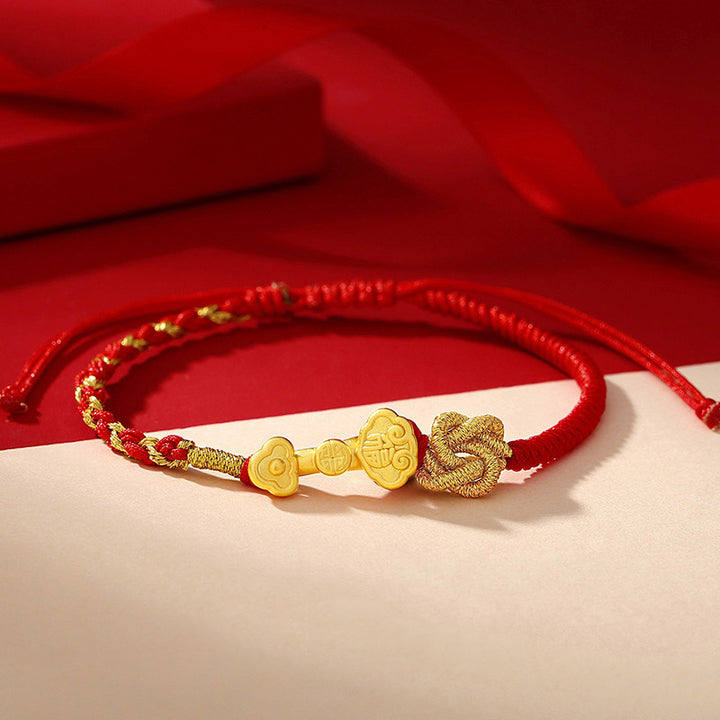 Braccialetto in corda con carattere Fu e manico Ruyi in argento sterling 999 Buddha Stones - 14-22 cm - image 0