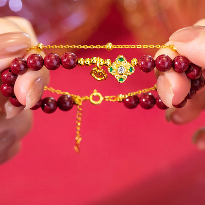 Bracciale a catena con fiore a quadrifoglio e cinabro naturale in argento sterling 925 con Buddha Stones - image 4