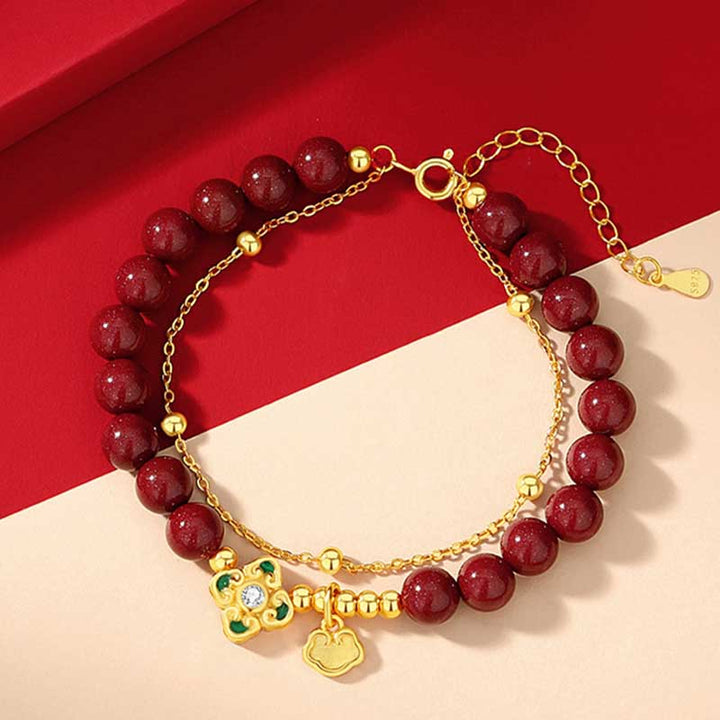 Bracciale a catena con fiore a quadrifoglio e cinabro naturale in argento sterling 925 con Buddha Stones - image 3
