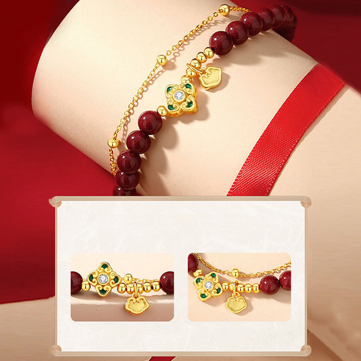 Bracciale a catena con fiore a quadrifoglio e cinabro naturale in argento sterling 925 con Buddha Stones - image 8