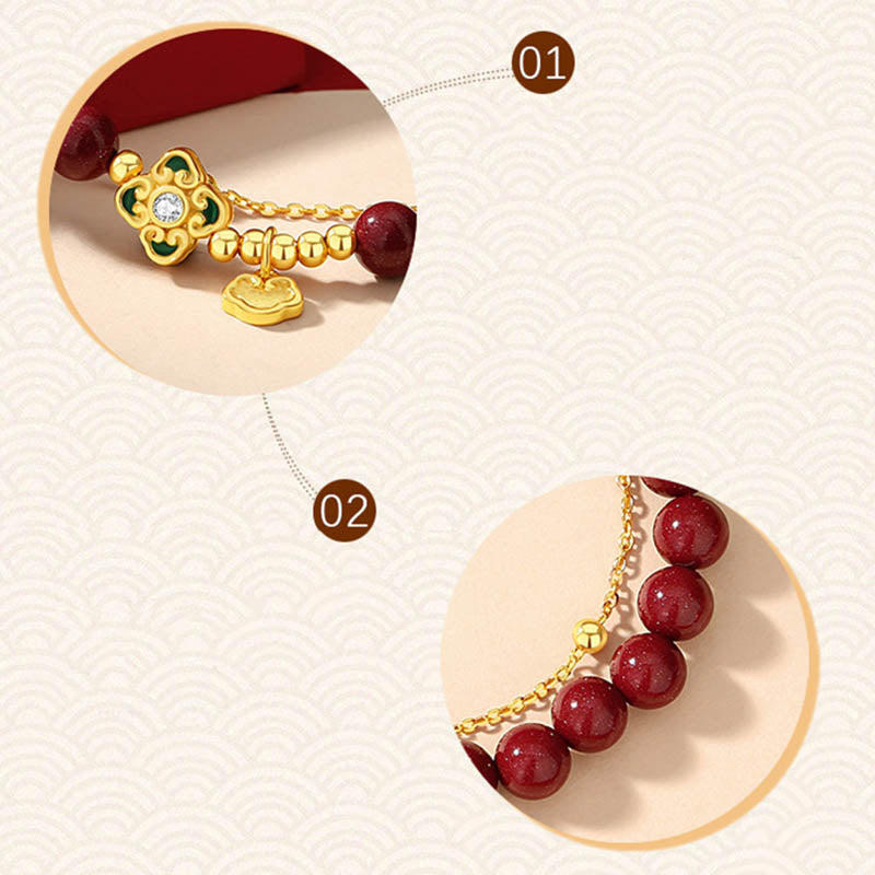 Bracciale a catena con fiore a quadrifoglio e cinabro naturale in argento sterling 925 con Buddha Stones - image 9