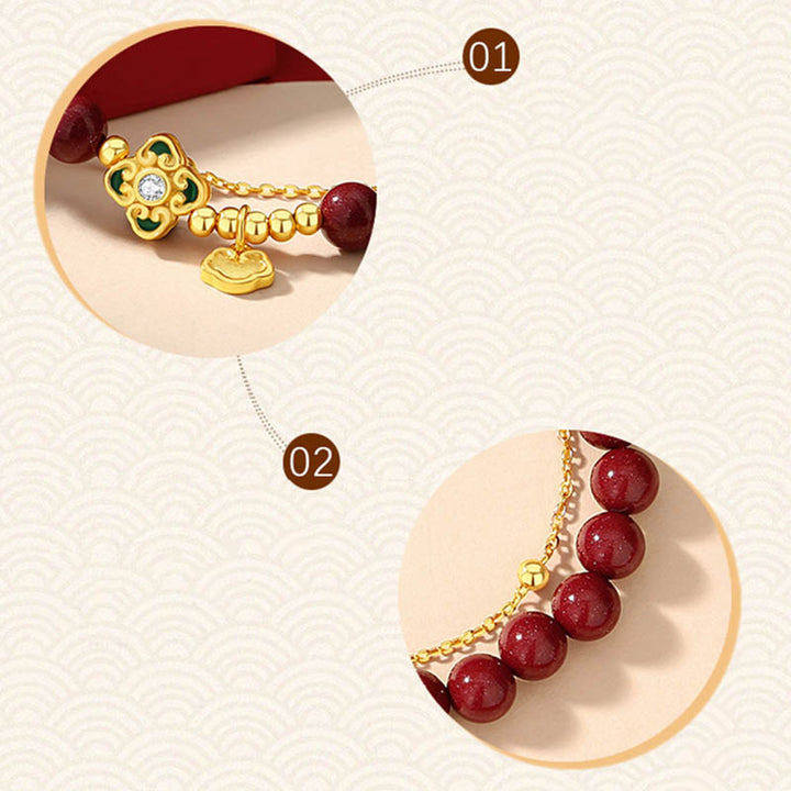 Bracciale a catena con fiore a quadrifoglio e cinabro naturale in argento sterling 925 con Buddha Stones - image 9