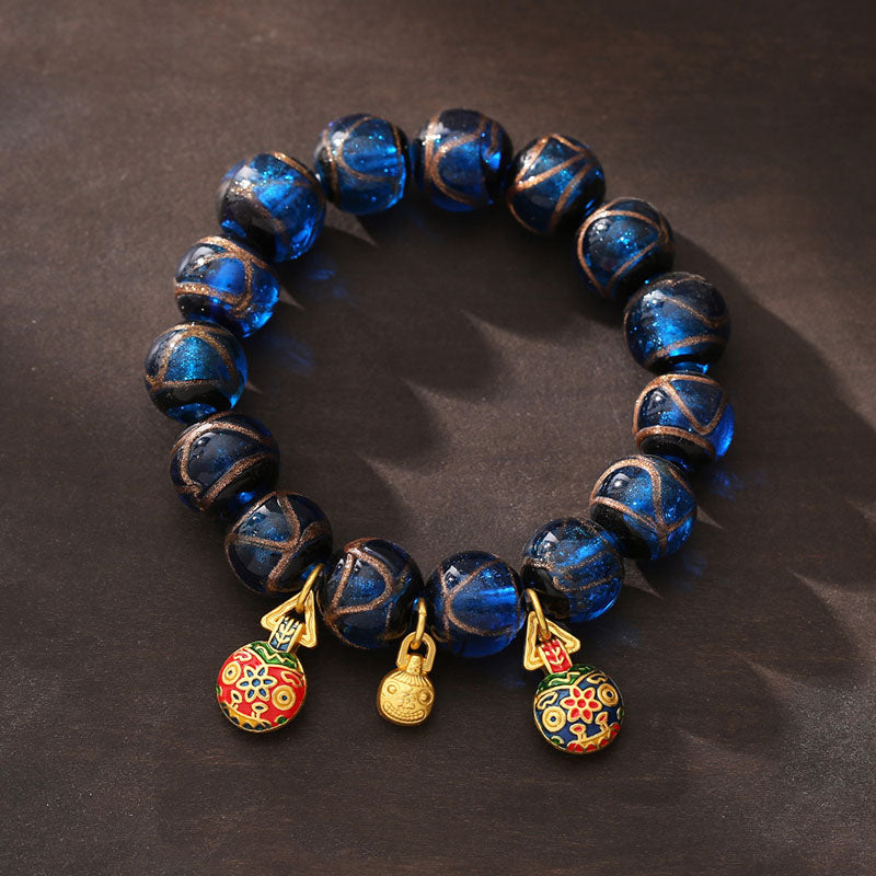 Braccialetto della fortuna con perline di vetro blu Liuli, ciondolo portafortuna in oro Buddha Stones bestia che ingoia