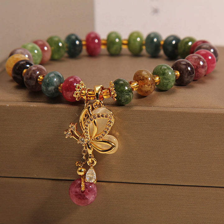 Braccialetto della saggezza con ciondolo a farfalla in tormalina colorata Buddha Stones