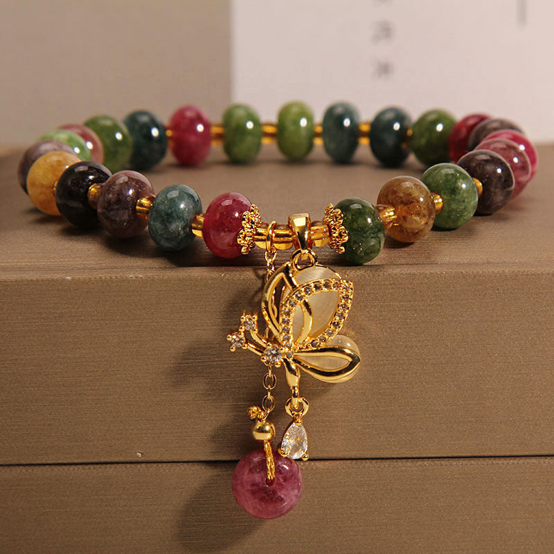 Braccialetto della saggezza con ciondolo a farfalla in tormalina colorata Buddha Stones