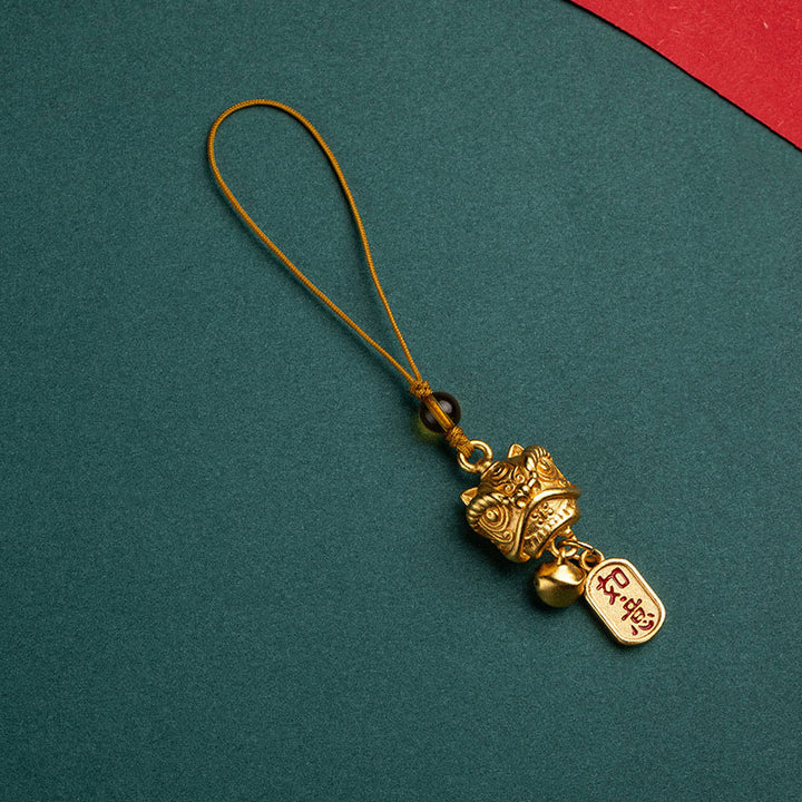 Buddha Stones Leone danzante Auspicioso Ruyi Sicuro Pace Ricco Rame Ricchezza Telefono Appeso Decorazione