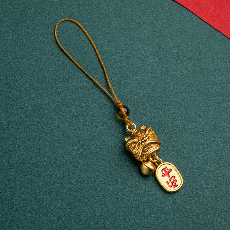 Buddha Stones Leone danzante Auspicioso Ruyi Sicuro Pace Ricco Rame Ricchezza Telefono Appeso Decorazione