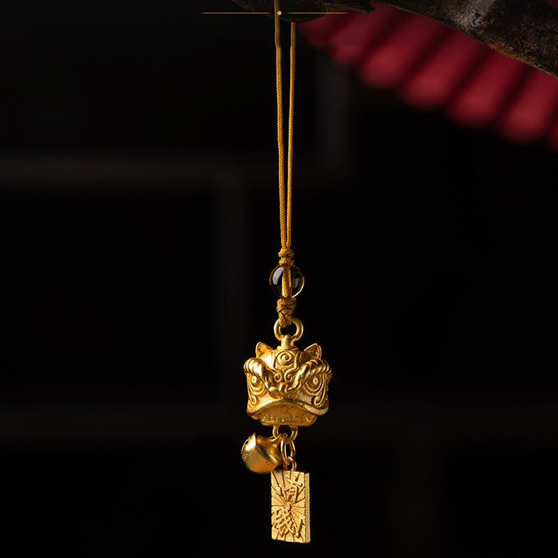 Buddha Stones Leone danzante Auspicioso Ruyi Sicuro Pace Ricco Rame Ricchezza Telefono Appeso Decorazione