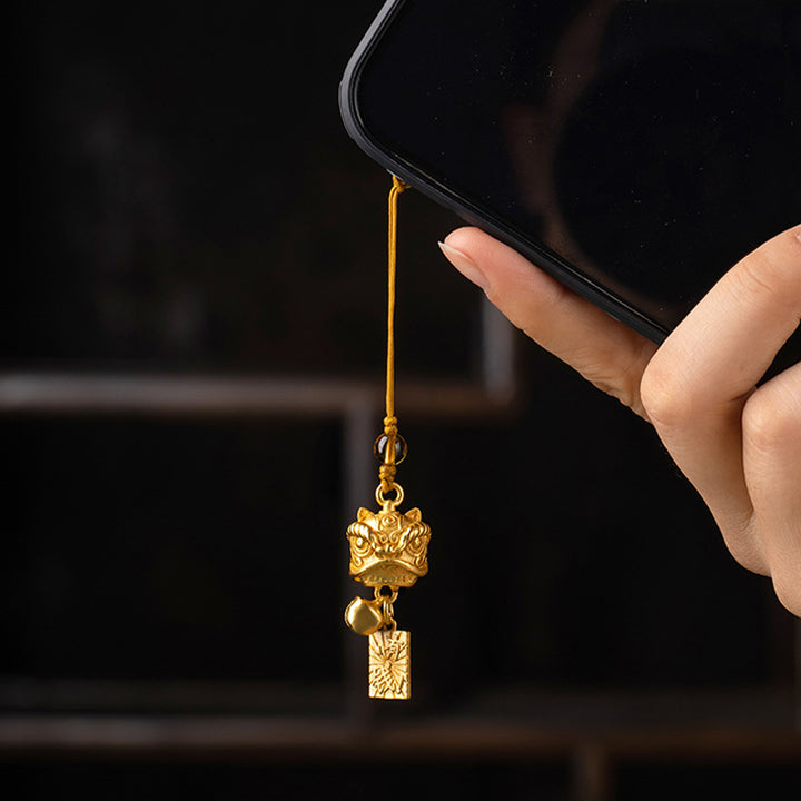 Buddha Stones Leone danzante Auspicioso Ruyi Sicuro Pace Ricco Rame Ricchezza Telefono Appeso Decorazione