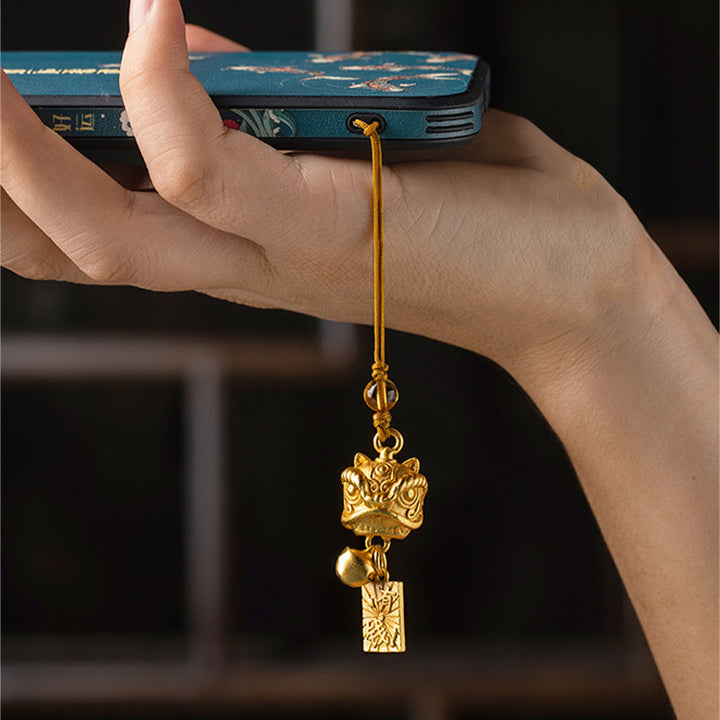 Buddha Stones Leone danzante Auspicioso Ruyi Sicuro Pace Ricco Rame Ricchezza Telefono Appeso Decorazione