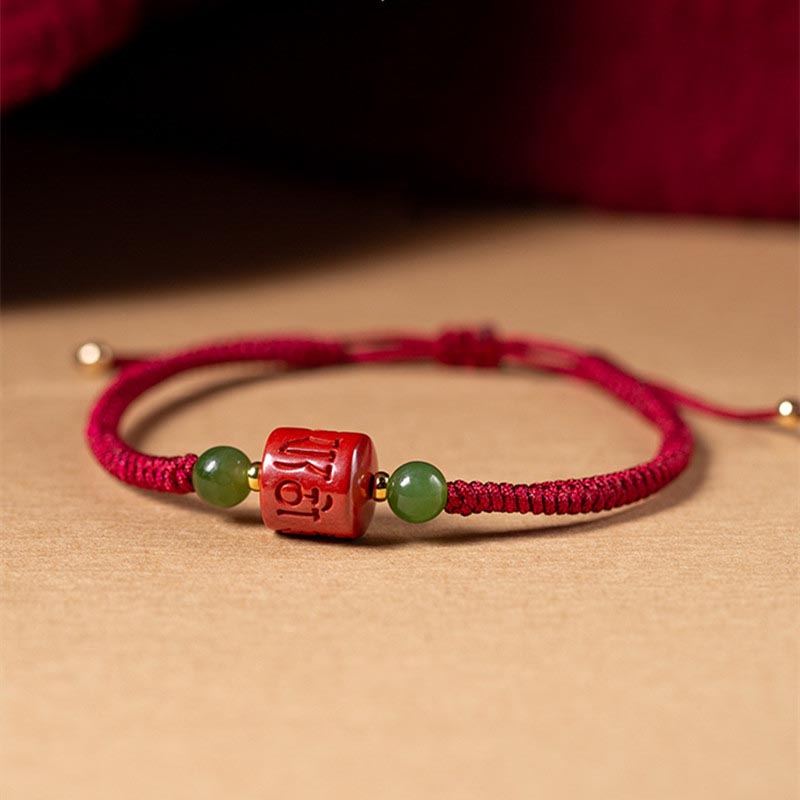 Buddha Stones Tibetam Cinnabar Om Mani Padme Hum Braccialetto di corda intrecciata con incisione di benedizione