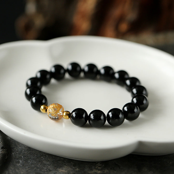 Bracciale Buddha Stones Naturale Ossidiana Nera Cristallo Bianco Onice Nero Forza Drago