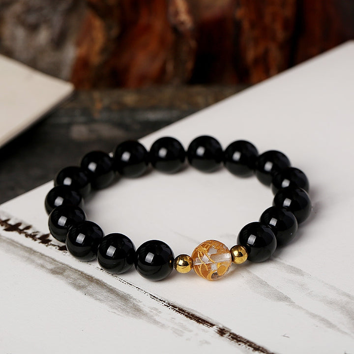 Bracciale Buddha Stones Naturale Ossidiana Nera Cristallo Bianco Onice Nero Forza Drago