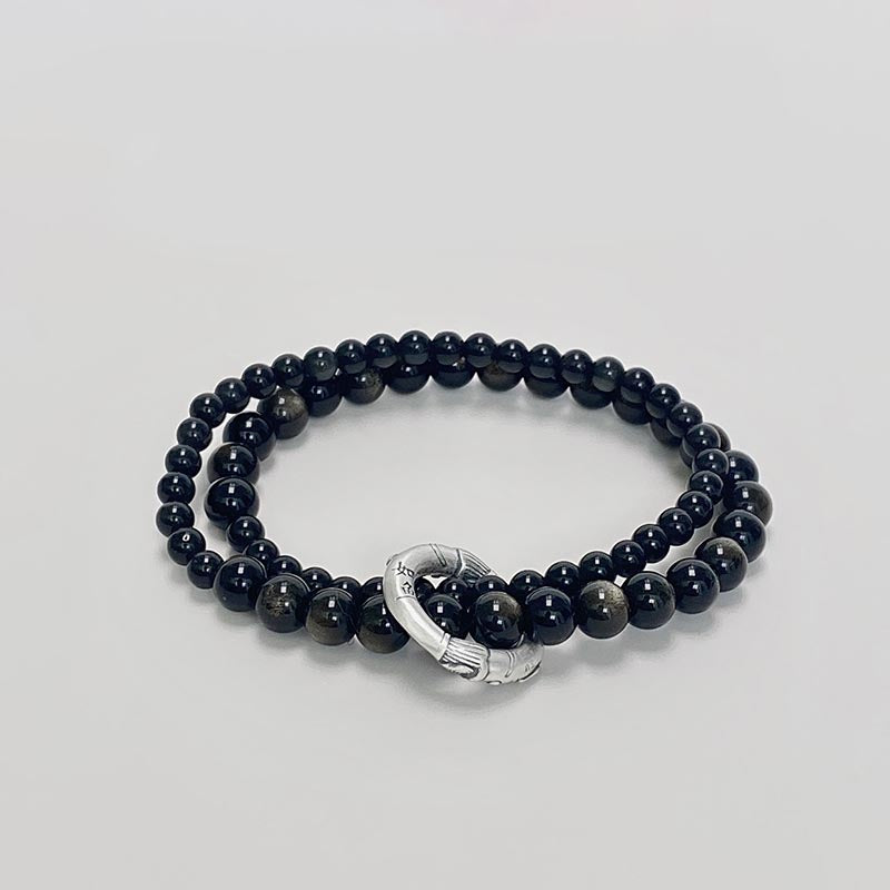 Bracciale Buddha Stones 999 Sterling Silver Black Obsidian Fulfillment Strength Double Layer - Ossidiana nera (circonferenza del polso 14-16 cm) - image 0