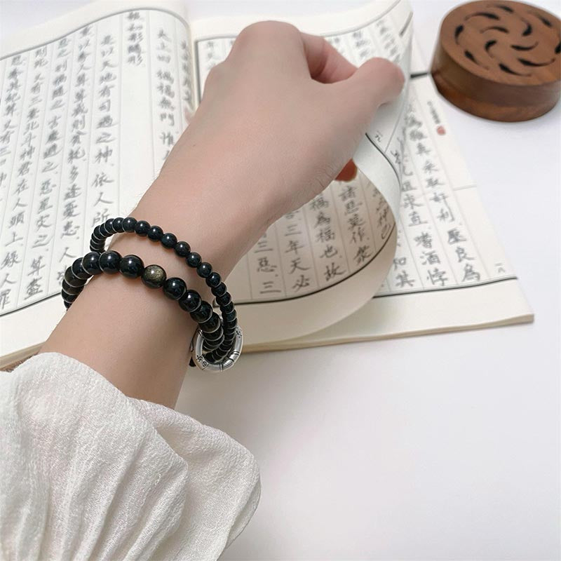 Bracciale Buddha Stones 999 Sterling Silver Black Obsidian Fulfillment Strength Double Layer - image 7