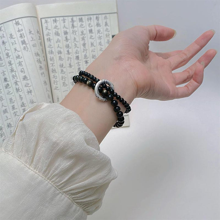 Bracciale Buddha Stones 999 Sterling Silver Black Obsidian Fulfillment Strength Double Layer - image 6