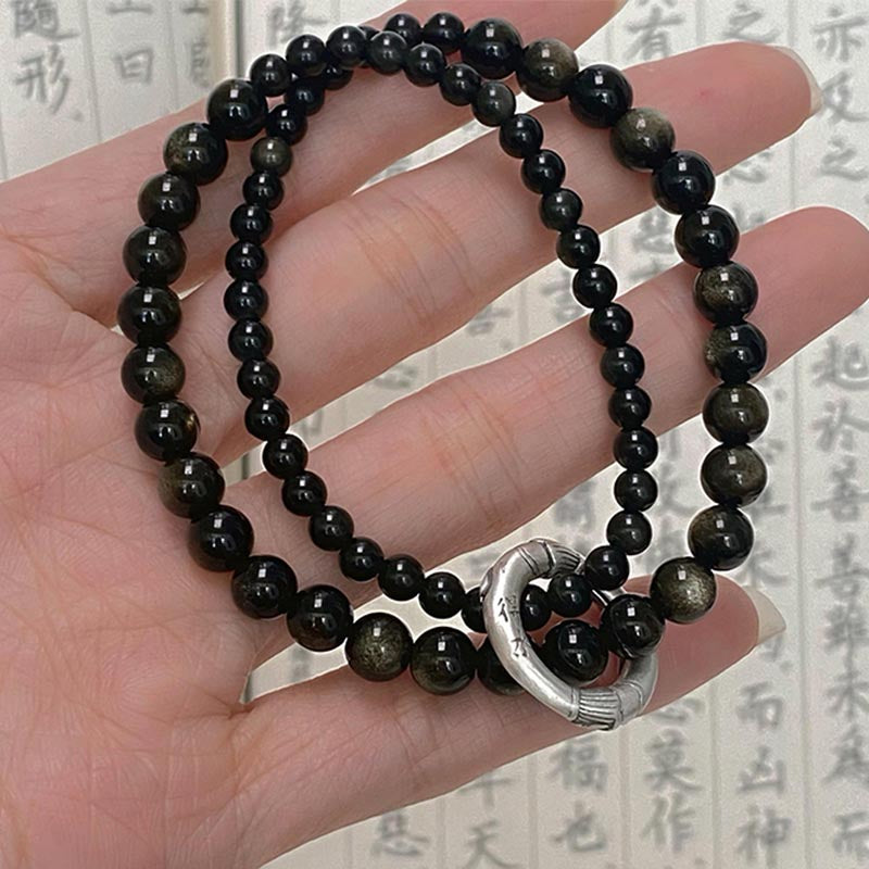 Bracciale Buddha Stones 999 Sterling Silver Black Obsidian Fulfillment Strength Double Layer - image 2