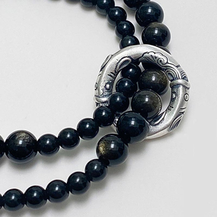 Bracciale Buddha Stones 999 Sterling Silver Black Obsidian Fulfillment Strength Double Layer - image 4