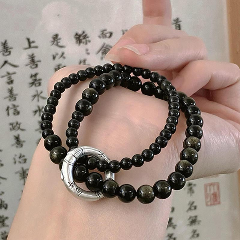 Bracciale Buddha Stones 999 Sterling Silver Black Obsidian Fulfillment Strength Double Layer - image 1