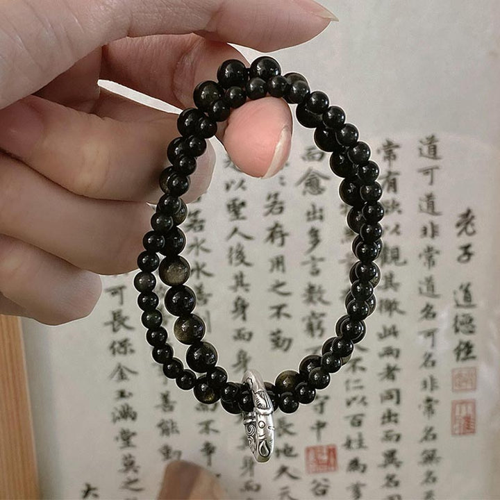 Bracciale Buddha Stones 999 Sterling Silver Black Obsidian Fulfillment Strength Double Layer - image 8