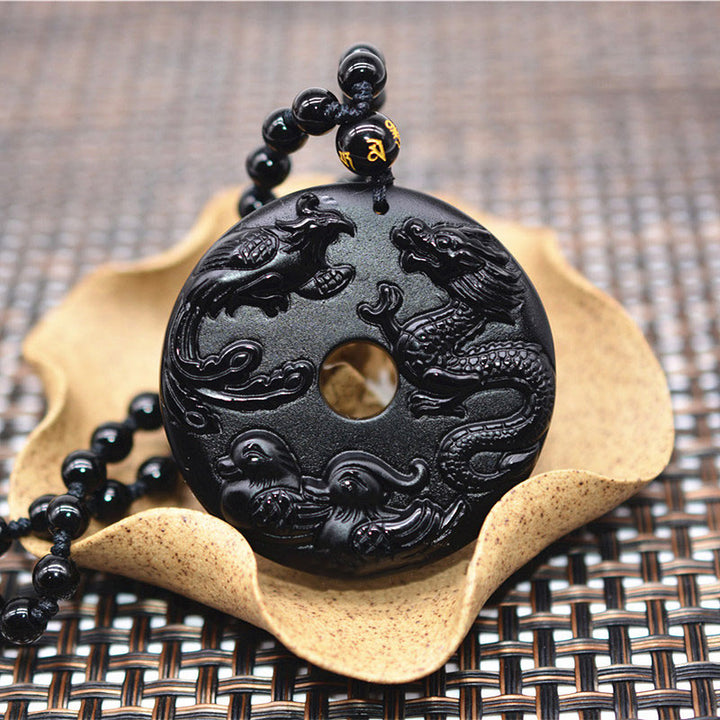 Buddha Stones Ossidiana nera Drago Fenice Mandarino Anatra Fortuna Protezione Collana Pendente