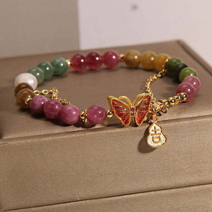 Buddha Stones Tormalina colorata naturale Farfalla Carattere di buon auspicio Zucca Braccialetto positivo