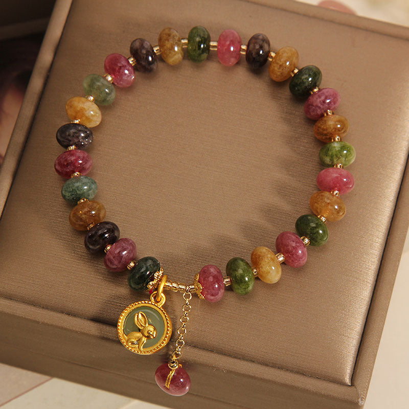 Braccialetto positivo con ciondolo coniglio carino e tormalina colorata naturale Buddha Stones