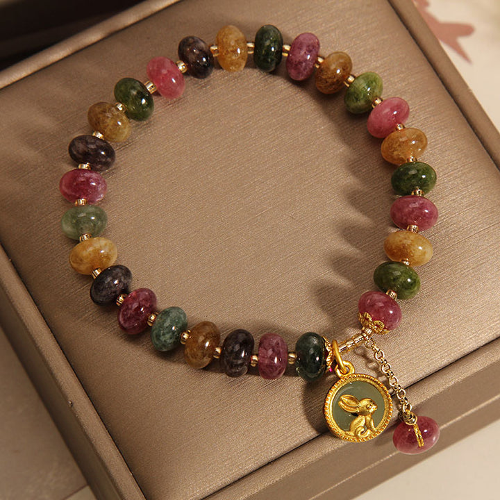 Braccialetto positivo con ciondolo coniglio carino e tormalina colorata naturale Buddha Stones