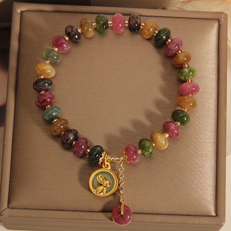 Braccialetto positivo con ciondolo coniglio carino e tormalina colorata naturale Buddha Stones