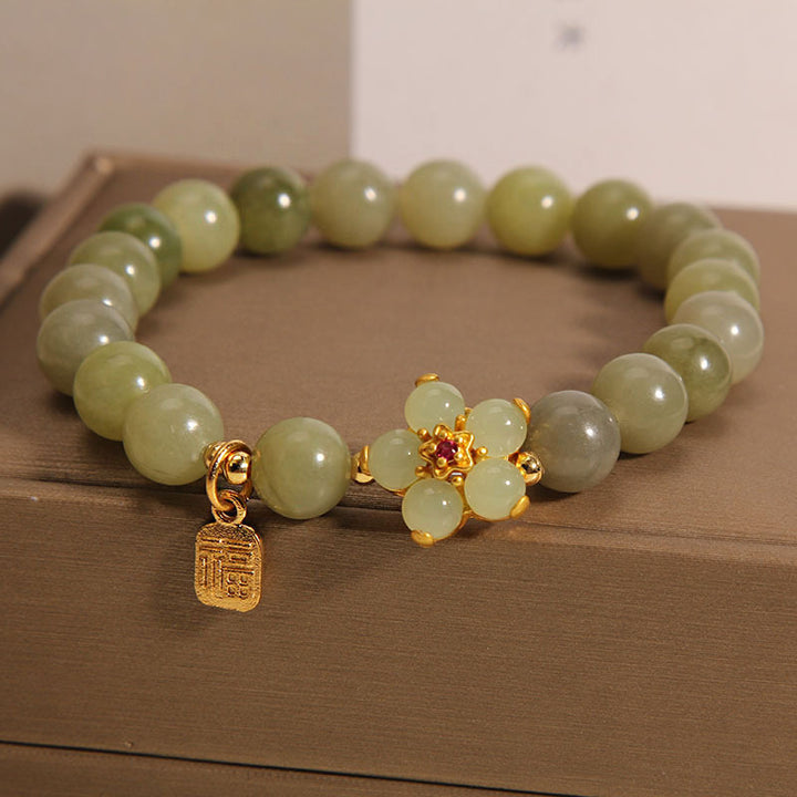 Braccialetto portafortuna con ciondolo a forma di carattere Fu con fiore di giada verde Buddha Stones - image 7