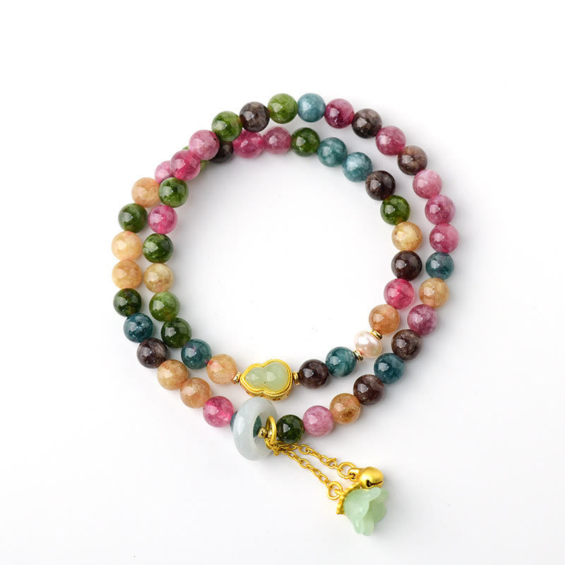 Braccialetto con ciondolo a doppio giro di mughetto con tormalina multicolore , Buddha Stones