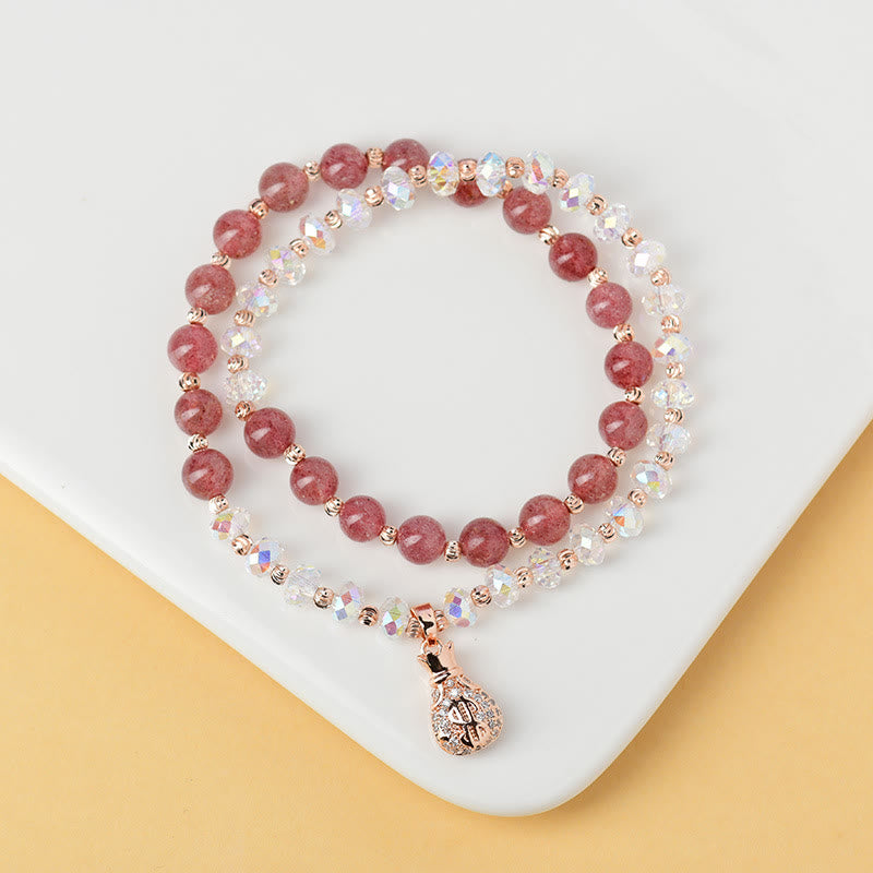 Braccialetto positivo con ciondolo a forma di borsa per soldi in cristallo bianco e quarzo fragola Buddha Stones