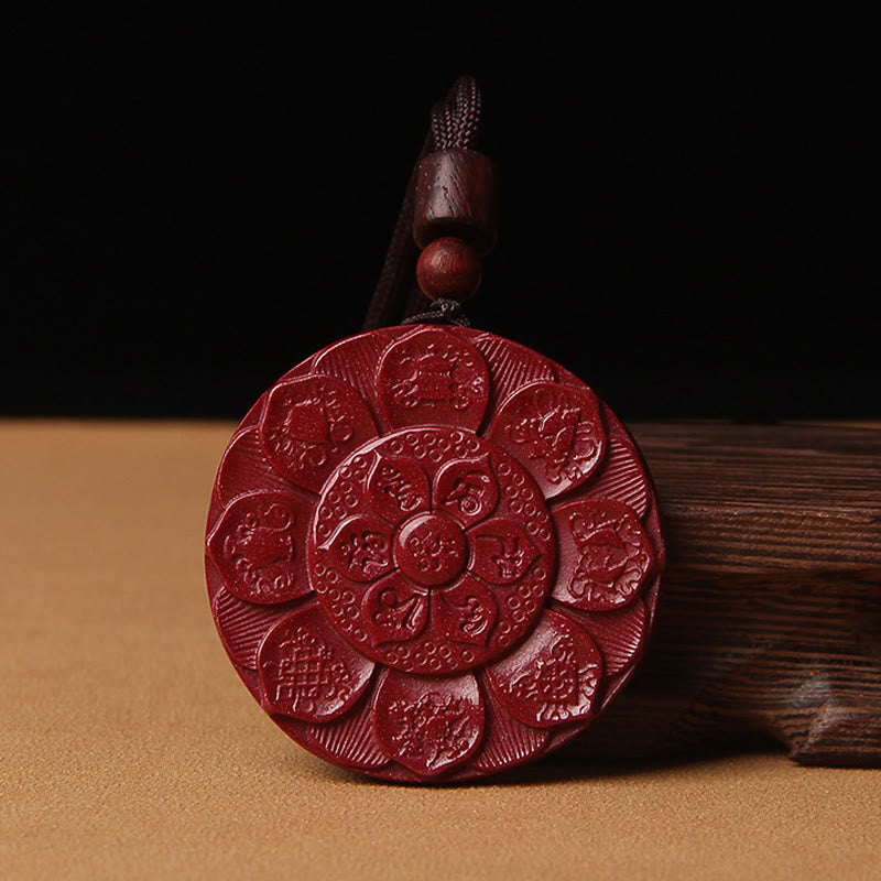 Buddha Stones Cinabro naturale Loto Om Mani Padme Hum Benedizione Collana Corda Pendente