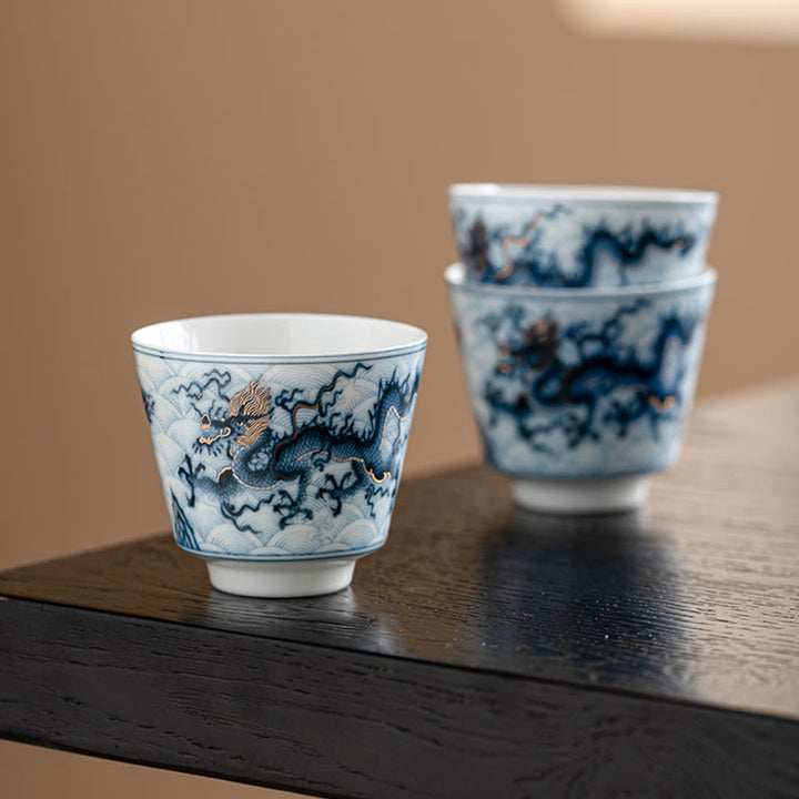 Buddha Stones Piccola tazza da tè in ceramica con motivo drago blu e bianco Tazze da tè Kung Fu 45 ml