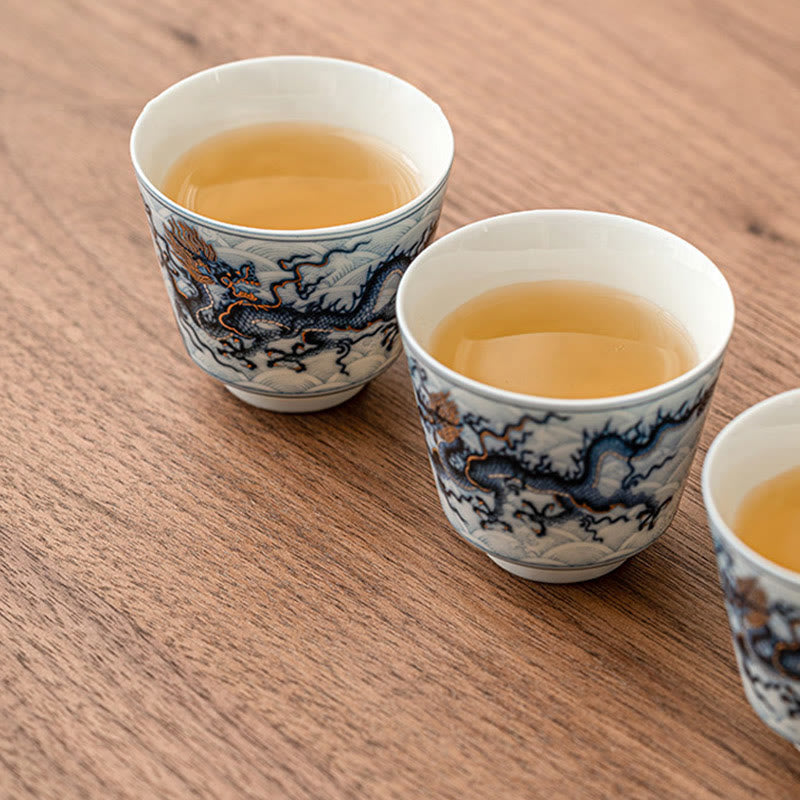 Buddha Stones Piccola tazza da tè in ceramica con motivo drago blu e bianco Tazze da tè Kung Fu 45 ml