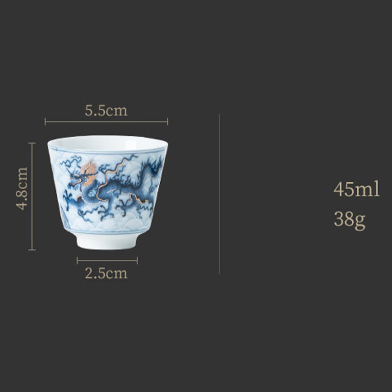 Buddha Stones Piccola tazza da tè in ceramica con motivo drago blu e bianco Tazze da tè Kung Fu 45 ml