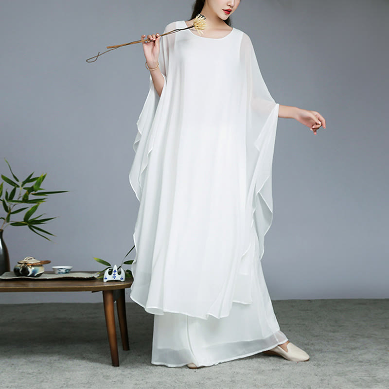 Buddha Stones Semplice Modello Midi Vestito Pantaloni Gamba Larga Meditazione Spirituale Zen Pratica Yoga Danza Abbigliamento - Bianco - Completo 2 pezzi (vestito e pantaloni) - US8-10, UK/AU12-14, EU40-42 (2XL) - image 0